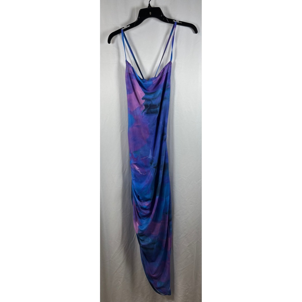 SHEIN Midi Dress Purple Blue Abstract Spaghetti‎ Strap Ruched Asymmetrical Hem